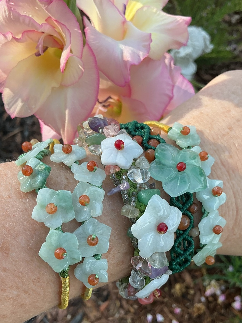 Bundle 5 Jadeite And Semi Precious Beads Macrame Braided Slide Bracelets